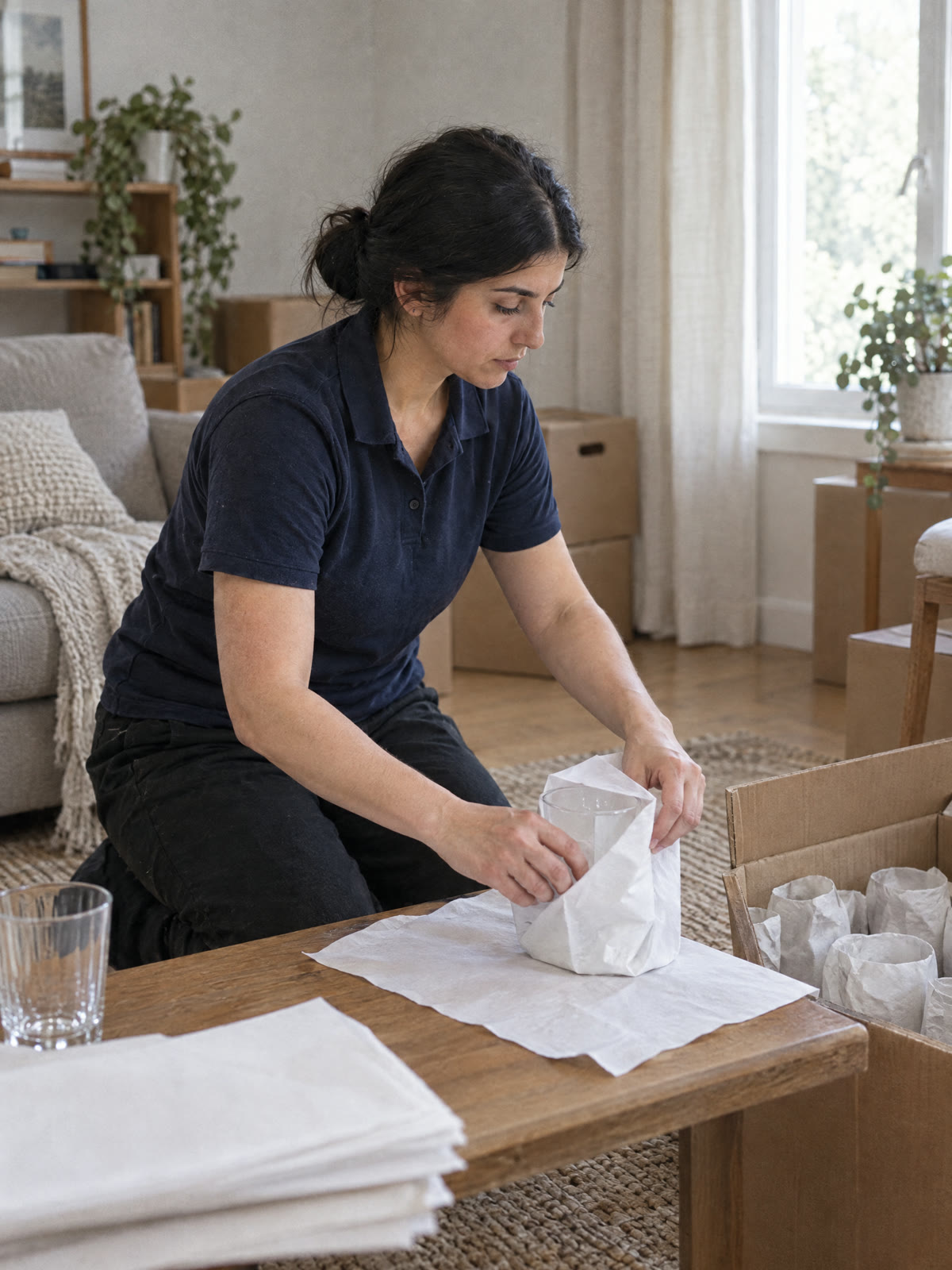 Flyttare slår in glas i packpapper